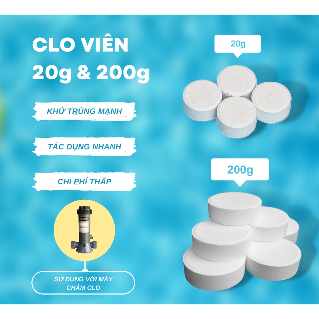 CLO VIÊN NÉN TCCA 200G  - 1 kg CHLORIN 90% - Tiêu diệt các vi sinh vật, diệt tảo, rong rêu trong nước