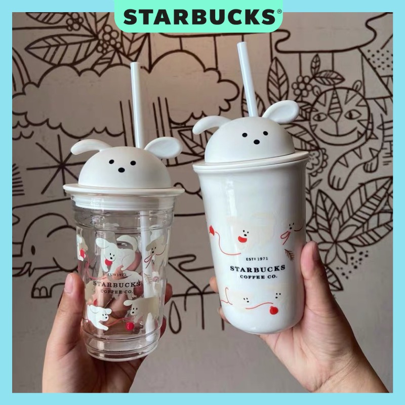 Ly cốc sứ STARBUCKS Họa tiết chú chó trắng Dung tích 355ml