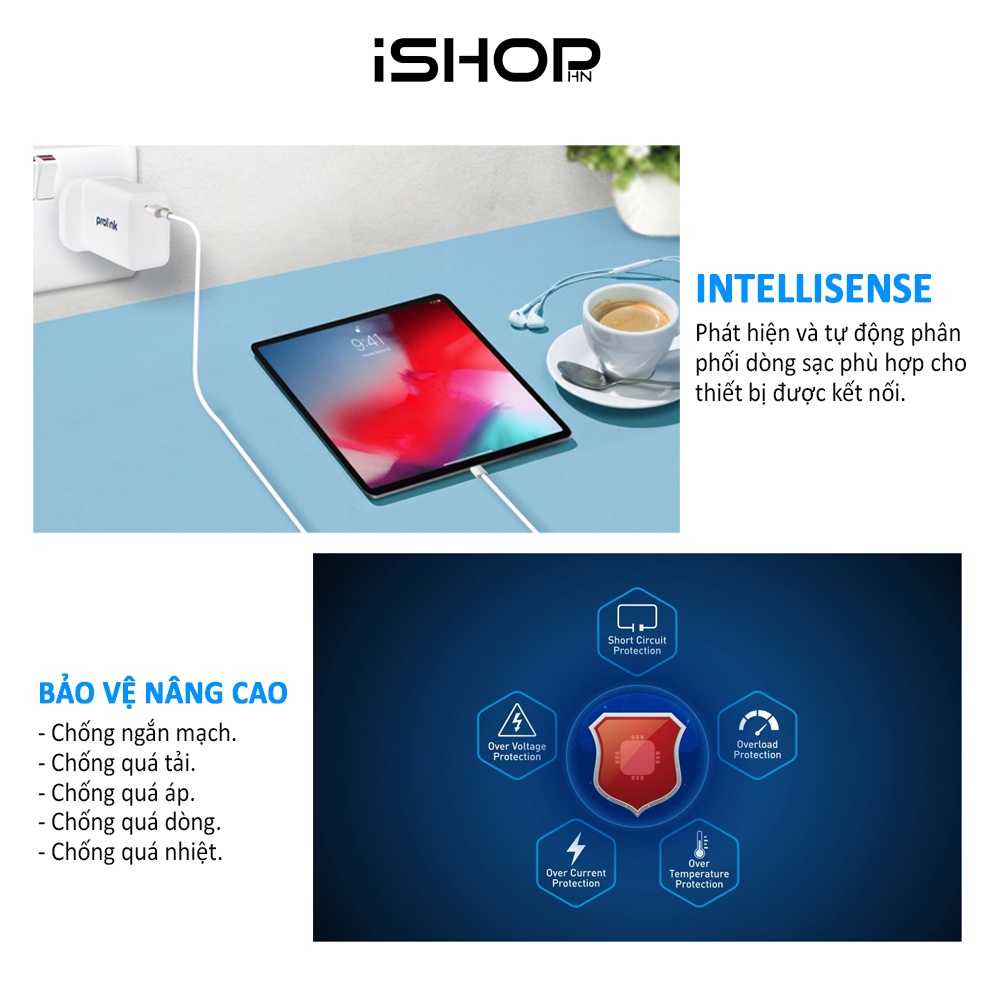 Củ sạc nhanh 30W Prolink PTC13001, 1 cổng USB-C, IntelliSense, PD 3.0, sạc nhanh cho điện thoại, máy tính bảng