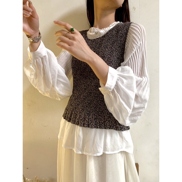 Pleated set / Set áo nhún sơ mi kèm gile