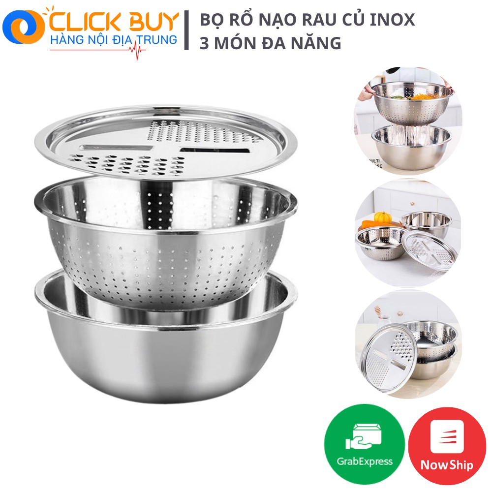 Bộ Rổ Nạo INOX Kèm Chậu Đa Năng 3 Trong 1  Bát Inox Trộn Rau Củ Kèm Bộ Nạo Đa Năng