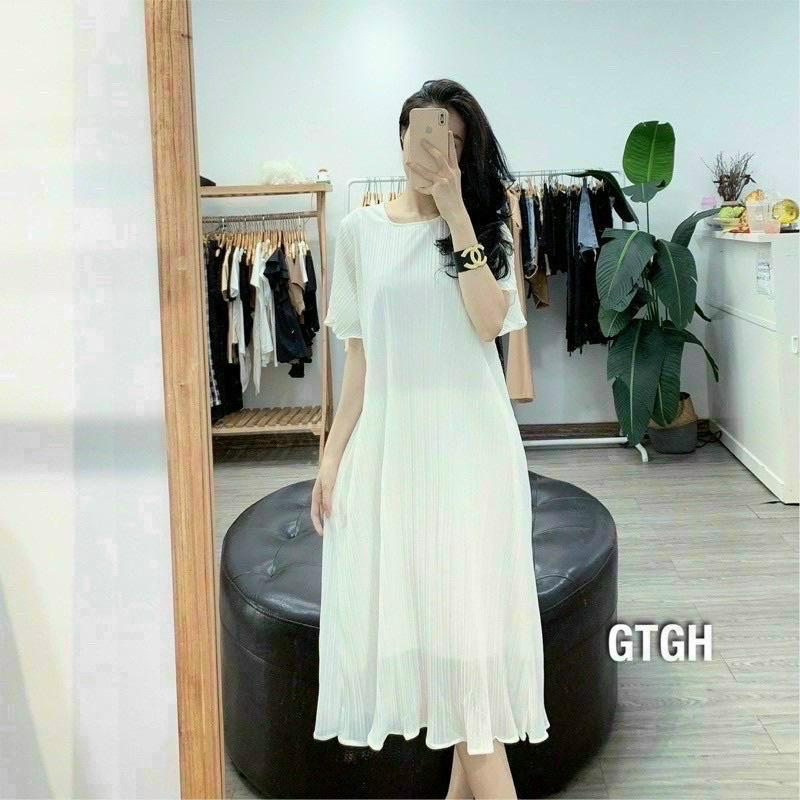 Đầm tơ xếp ly dáng suông kèm ảnh thật