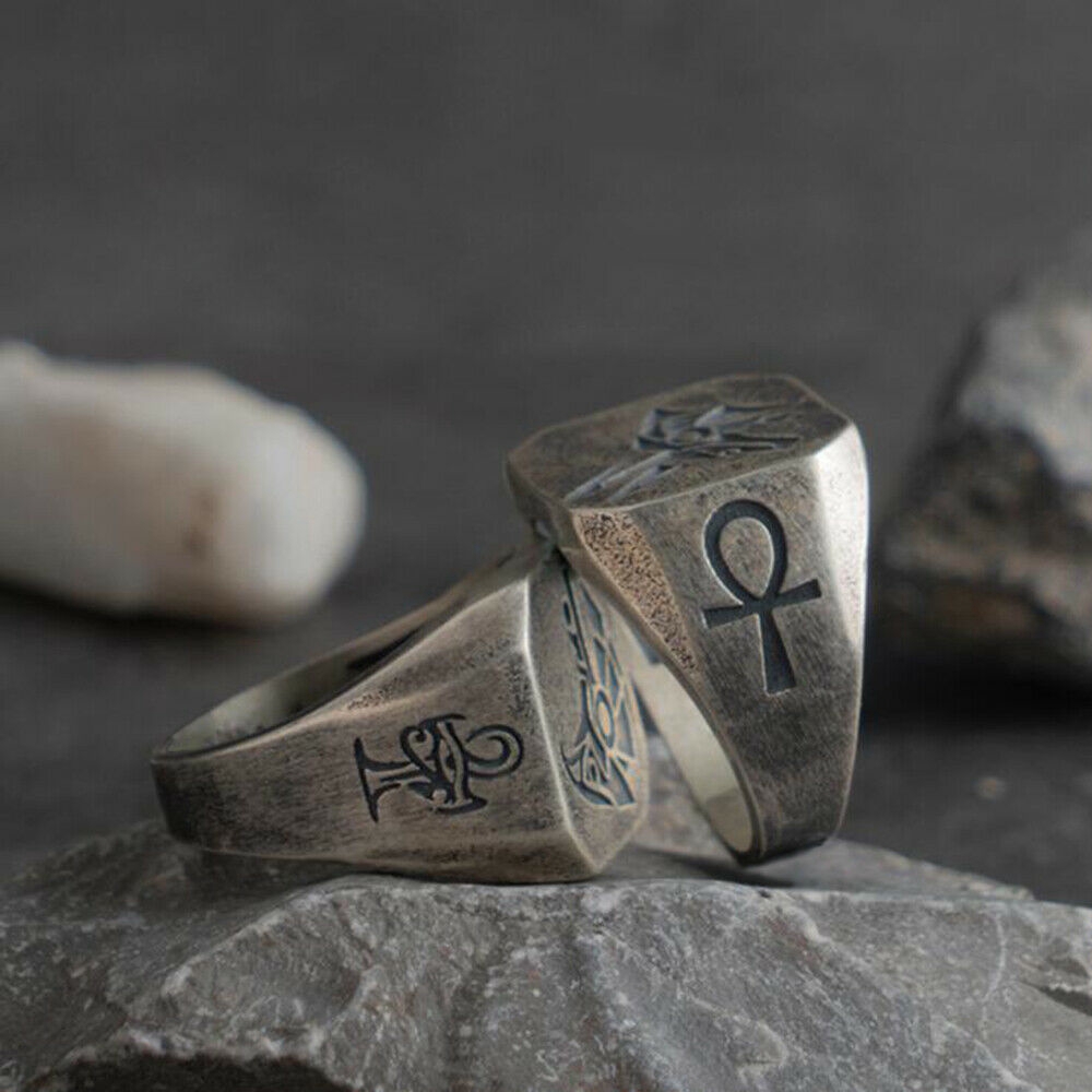 Nhẫn mặt vuông khắc họa tiết Horus & Anubis phong cách vintage thời trang dành cho nam