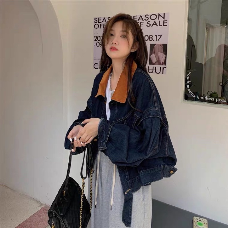 Áo khoác jeans demin nữ phối cổ nâu hottrend
