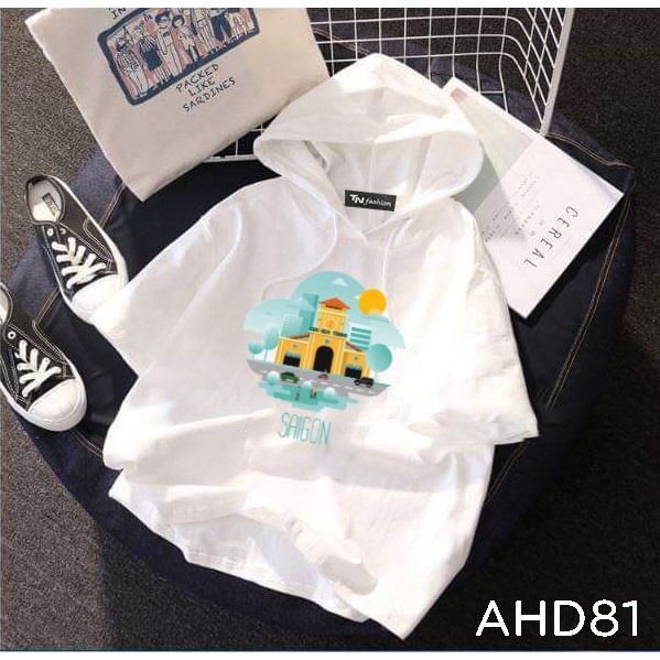 thêm size đại từ S đến 4XL AHD81 Áo thun teen nam nữ HOODIE TAY LỠ CÓ NÓN hình Sài Gòn