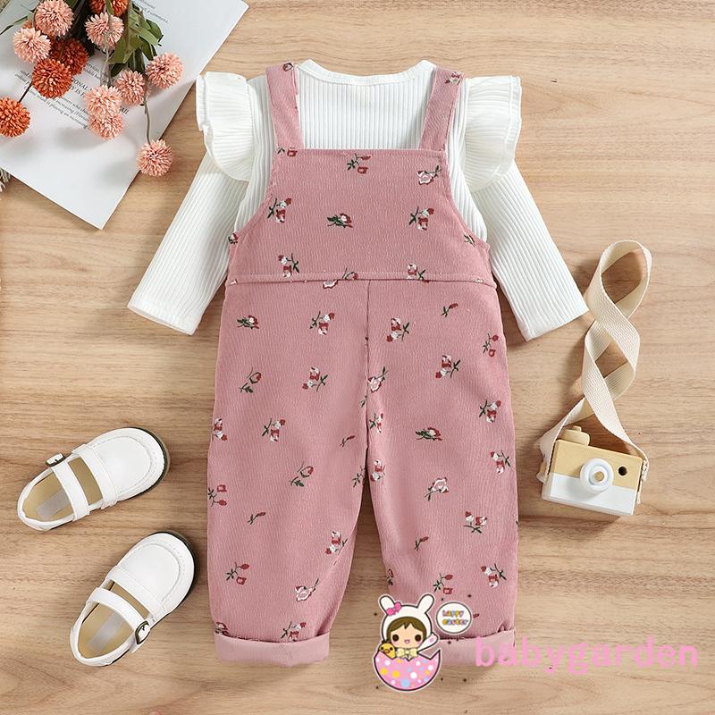 Set Đồ 2 Món Gồm Áo Tay Dài Cổ Tròn Màu Trơn In Họa Tiết Hoa + Quần Dài Có Dây Đeo Cho Bé Gái 6 Tháng-4 Tuổi