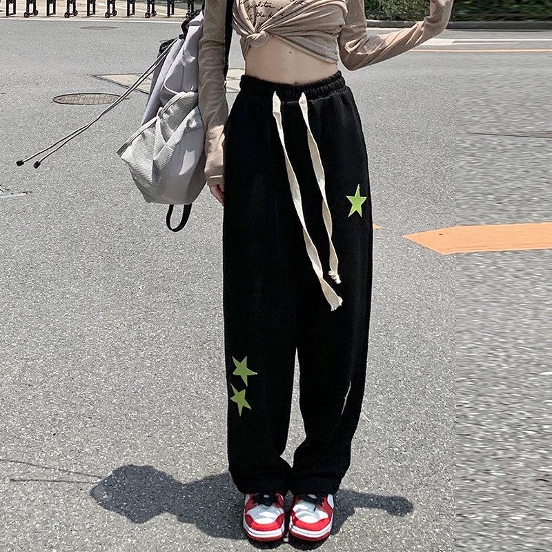 Quần thể thao ZHELIHANGFEI lưng cao ống rộng phong cách preppy thời trang cá tính