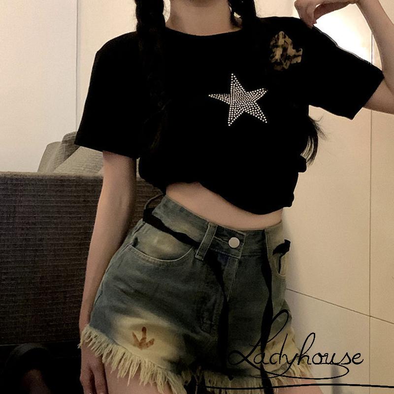 Áo Thun Crop Top Tay Ngắn Màu Đen In Hình Ngôi Sao Đính Đá Phong Cách Đường Phố Mùa Hè Cho Nữ