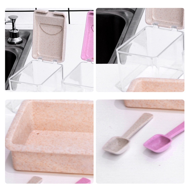 Set 4 Hũ Đựng Gia Vị Đẹp Có Kèm Thìa, muỗng Nhựa lúa mạch - Lọ Đựng gia vị nhà bếp thông minh