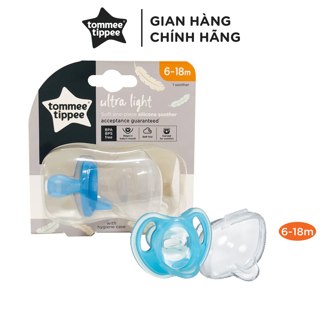 Ty ngậm silicon siêu nhẹ cho bé Tommee Tippee Ultra Light 6-18 tháng (vỉ đơn) - Xanh dương