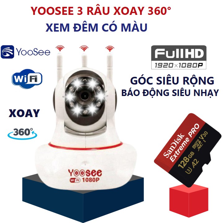 Camera yoosee 3 râu xem đêm có màu xoay 360° FULLHD 1080 chuẩn góc rộng