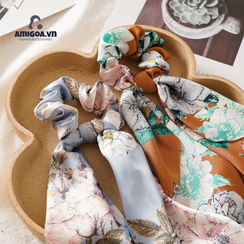 Dây Cột Tóc Cao Su Bản Lớn Thắt Nơ Tam Giác Thắt Dây In Họa Tiết Hoa Cổ Điển