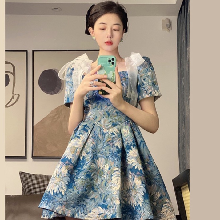 [MURIOKI] Đầm Chữ A Cổ Vuông Họa Tiết Tranh Sơn Dầu Ngọt Ngào Cho Nữ