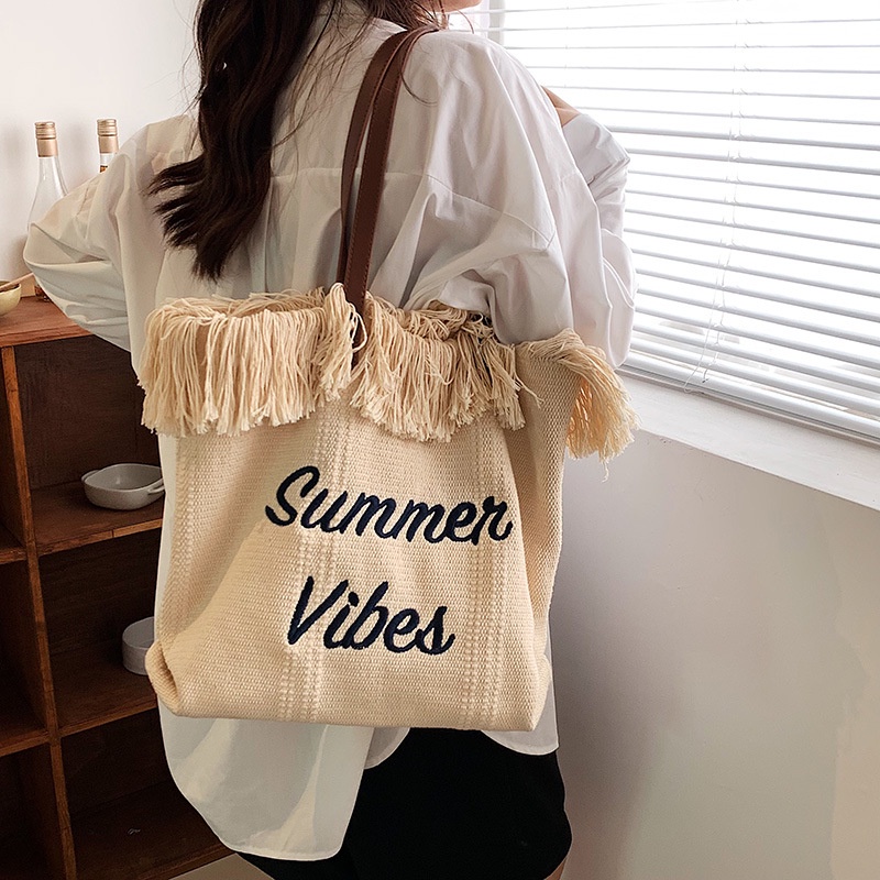 Túi Xách canvas Cỡ Lớn 2022 Phối Tua Rua Thời Trang Hàn Quốc Cho Nữ