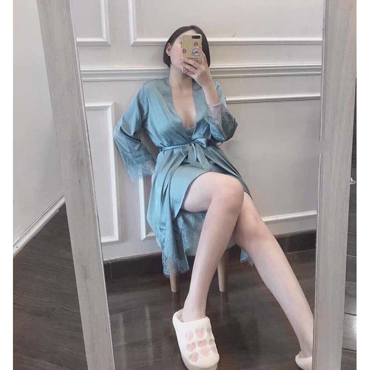 Set Đồ Ngủ, Váy Ngủ Lụa Kèm Áo Choàng Phối Ren Siêu Mềm Mịn Và Mát Cho Nữ Có Tặng Kèm Mút Ngực | BigBuy360 - bigbuy360.vn