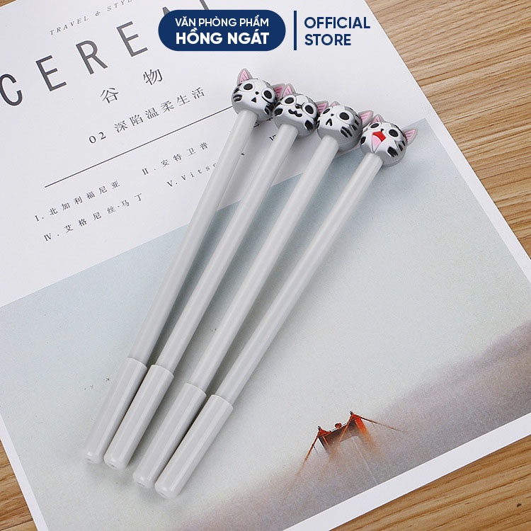 Bút bi cute mèo xám, bút bi nước mực gel đen ngòi 0.5mm nhiều màu dễ thương đồ dùng học tập văn phòng phẩm B27