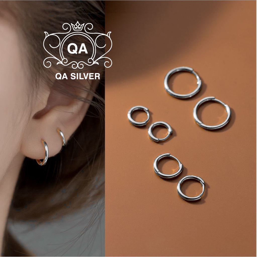 Khuyên tai bạc 925 tròn dày khớp mở bông nam nữ chốt lẫy tối giản S925 HOOP QA SILVER Earrings EA190703