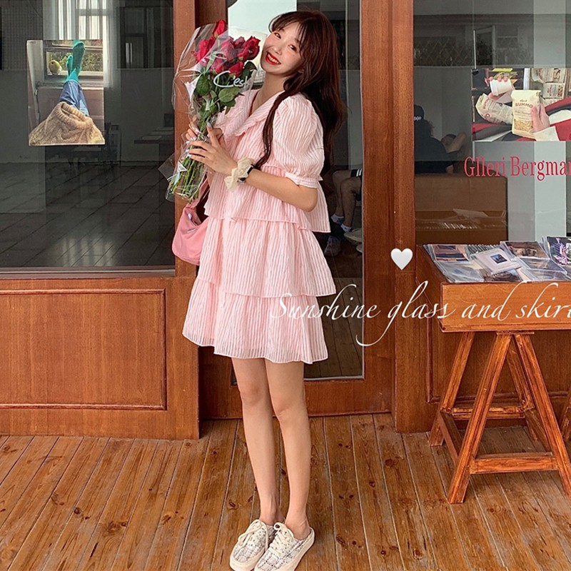 JANE SẴN Váy tầng sơ mi kẻ sọc Pinky xinh xắn J0057 | BigBuy360 - bigbuy360.vn