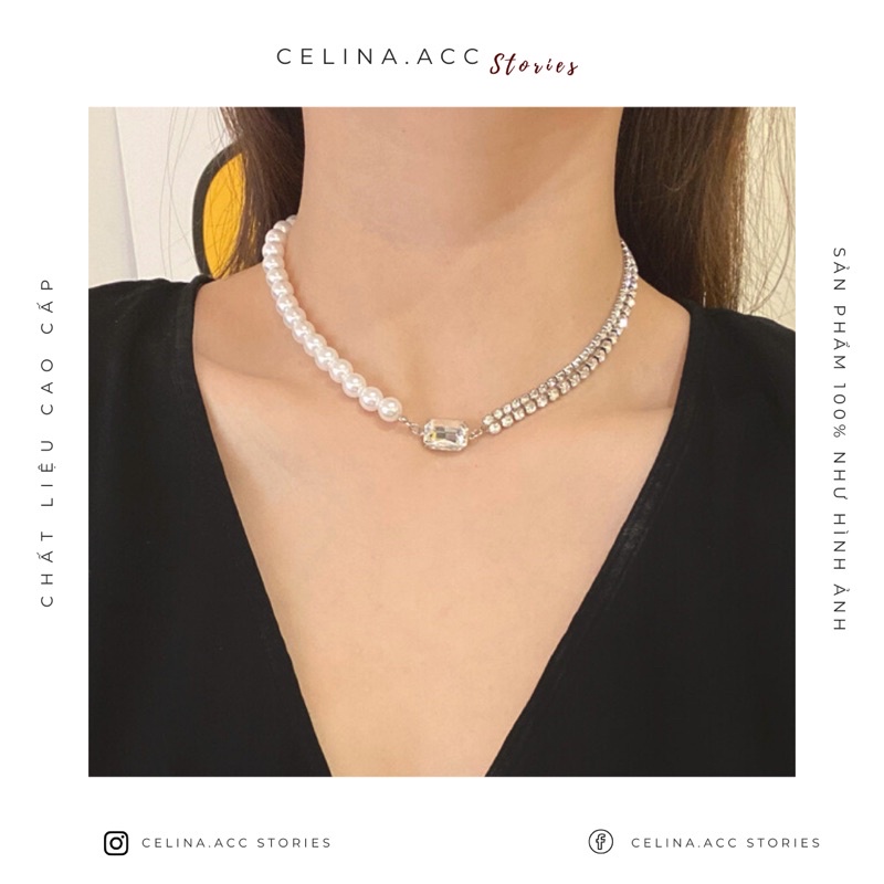 Vòng cổ set hai dây hợp kim bạc cao cấp mix hạt trai mặt đá sang chảnh CELINA