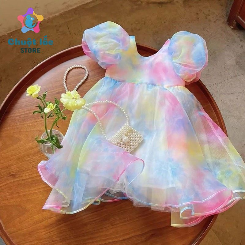 Váy Công Chúa Bé Gái Chuột Lắc Store Màu Cầu Vồng Nơ Xinh 8kg Đến 20kg