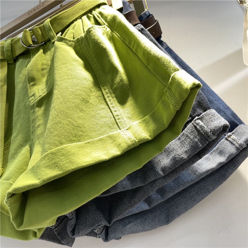 Jiashucheng Quần Short Jean Ống Rộng Lưng Cao Xoăn Màu Xanh Lá Cây Cỡ Lớn Dễ Phối Đồ Thời Trang Mùa Hè Mới