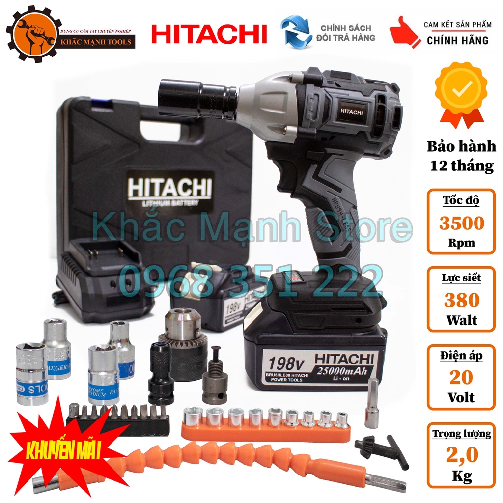 [ Tặng Phụ Kiện ] Máy Siết Bulong HITACHI 199v Loại Chống Va Đập, Tặng Bộ Phụ Kiện Đầy Đủ Như Hình.