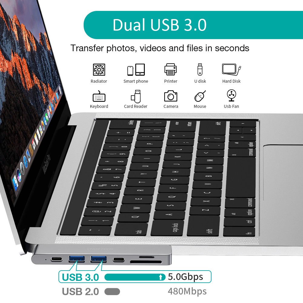 Hub mở rộng Macbook Choetech 7 trong 1 TYPE C MULTIPORT ADAPTER (HUB-M14)