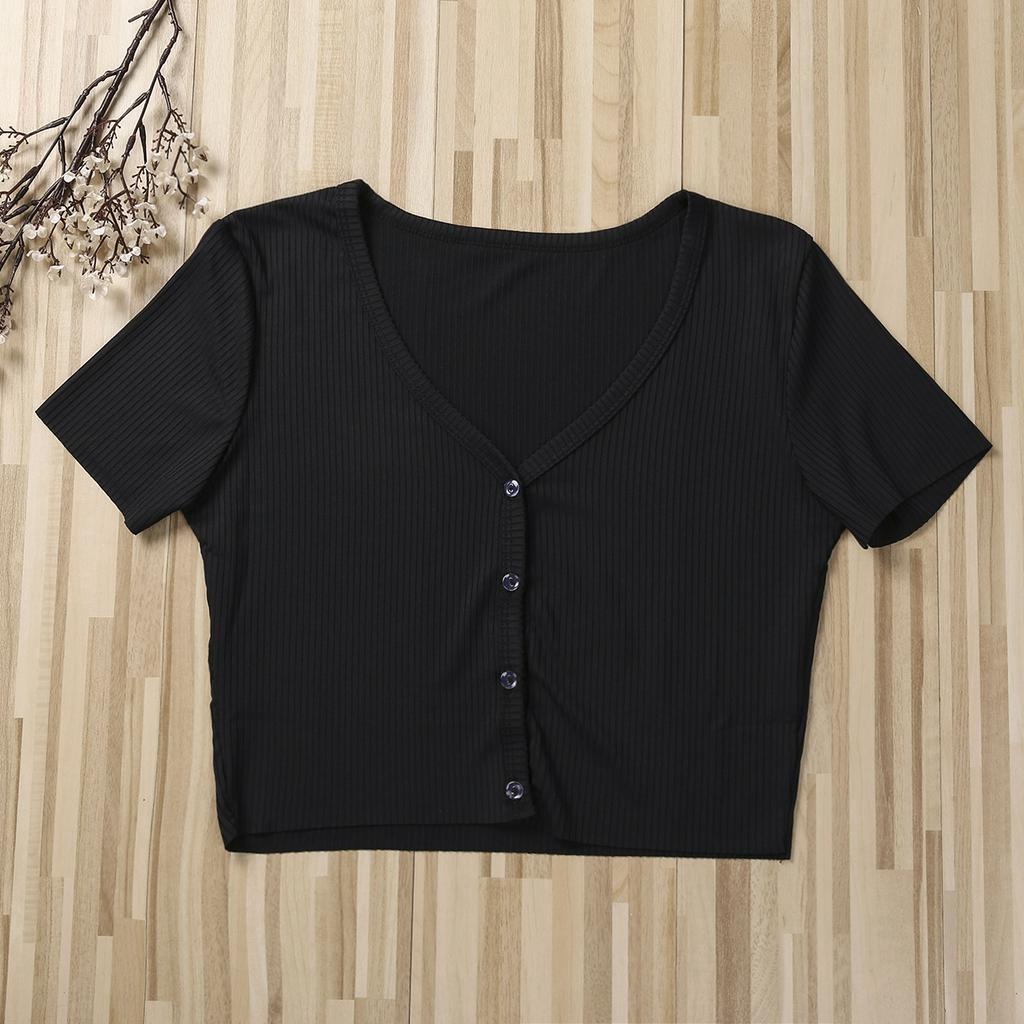 Áo Croptop Tay Ngắn Cổ Chữ V Phối Nút Thiết Kế Ôm Sát Tôn Dáng