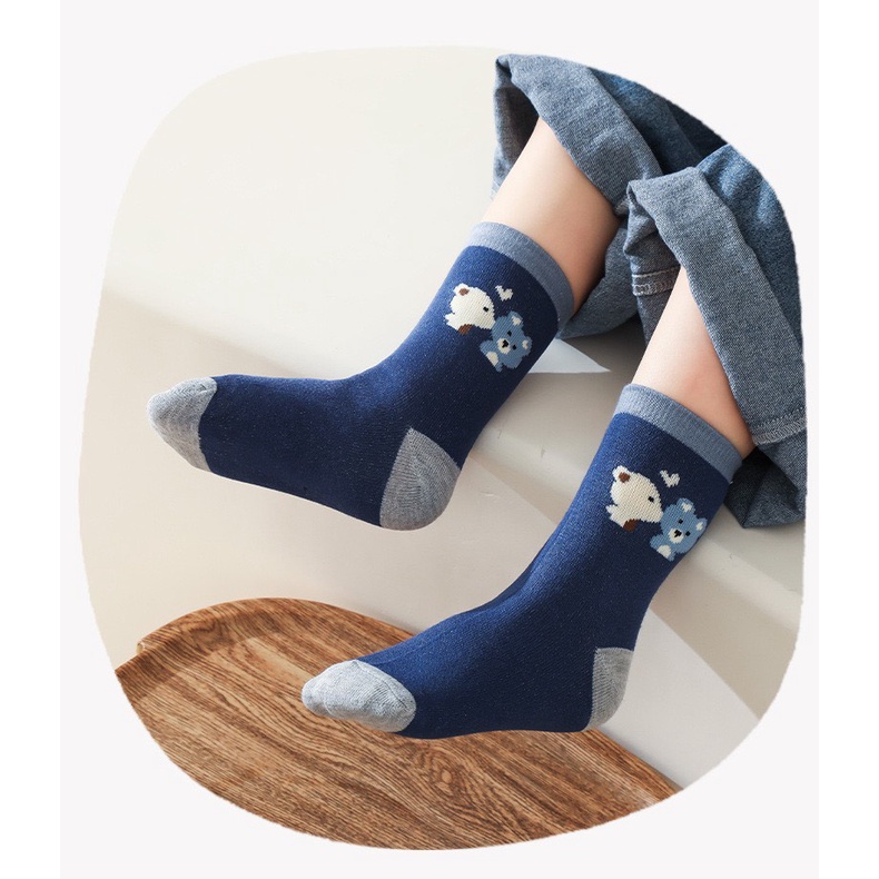 Set 10 Đôi Tất Cao Cổ Trẻ Em Họa Tiết Gấu Kẻ Xanh Siêu Hot