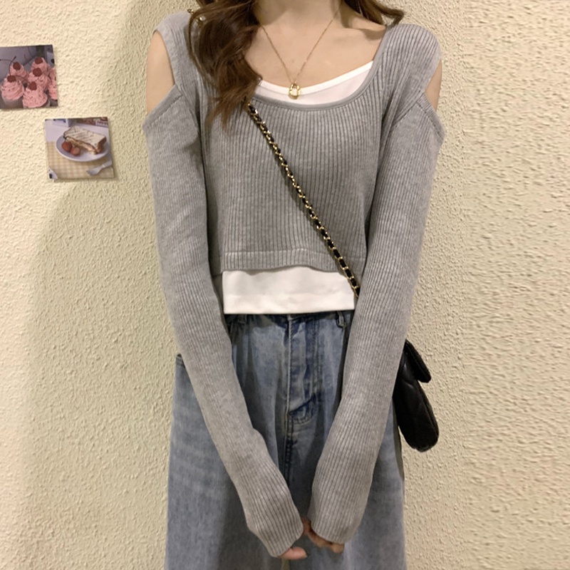 Áo dệt kim ZHELIHANGFEI tay dài trễ vai giả hai lớp phong cách thời trang cá tính cho nữ