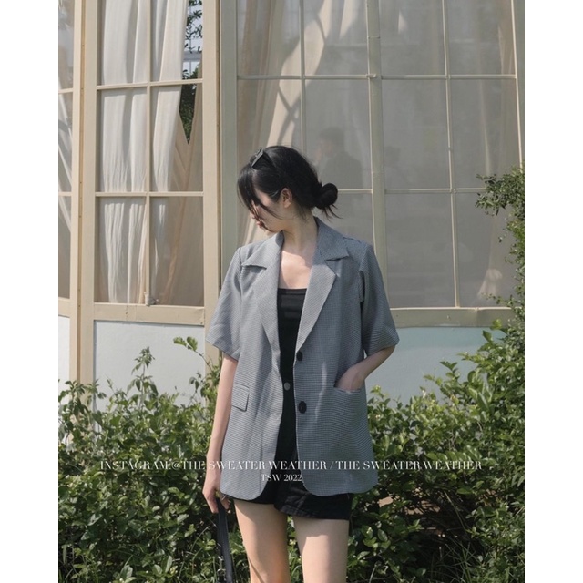 [Ảnh thật/Video]Áo blazer kẻ cộc tay hai lớp có đệm vai Hàn Quốc