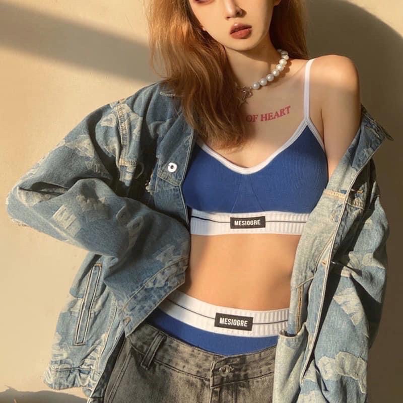 Set bikini thể thao màu xanh đậm siêu tôn da size m