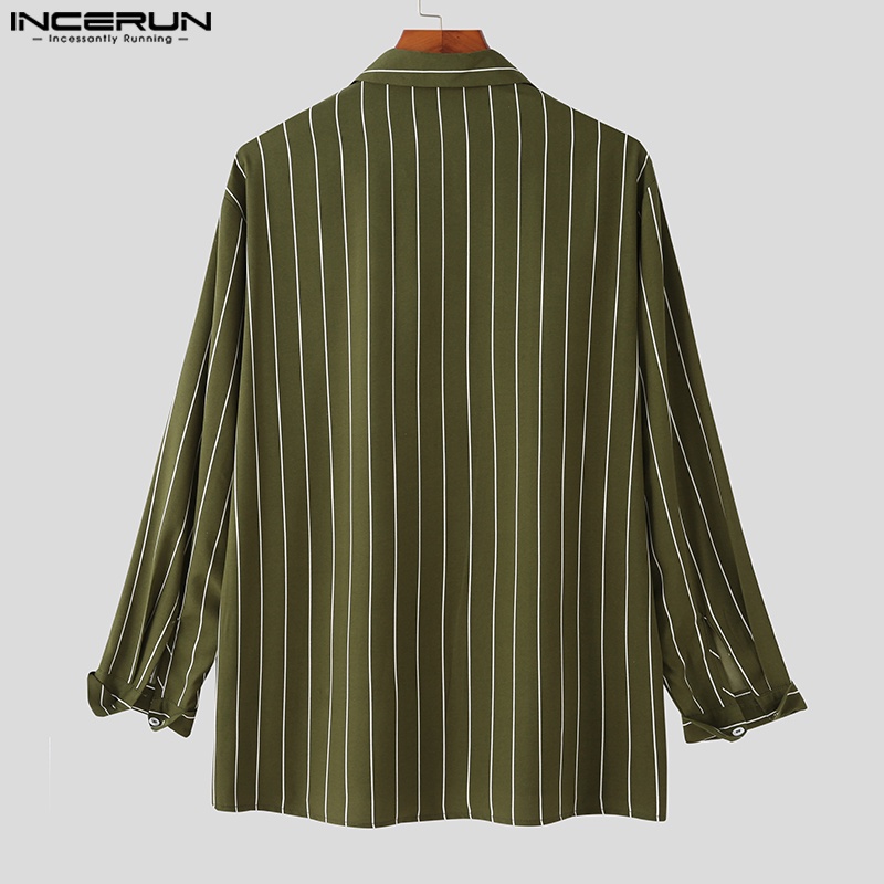 Áo sơ mi INCERUN tay dài cổ V kẻ sọc dọc kiểu cổ điển cho nam