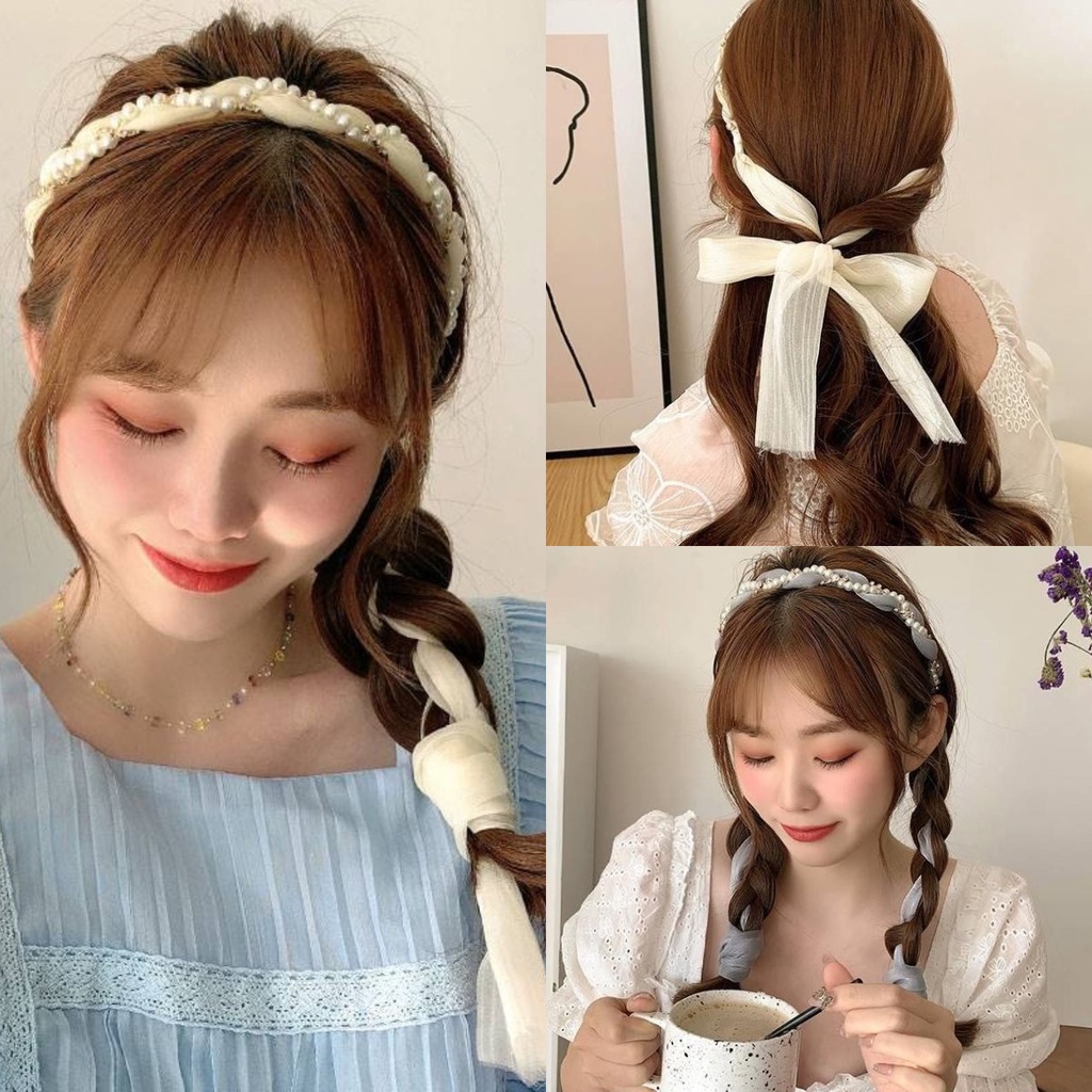 Dây Cột Tóc Ruy Băng Đính Ngọc Trai Giả Xinh Xắn Cho Nữ