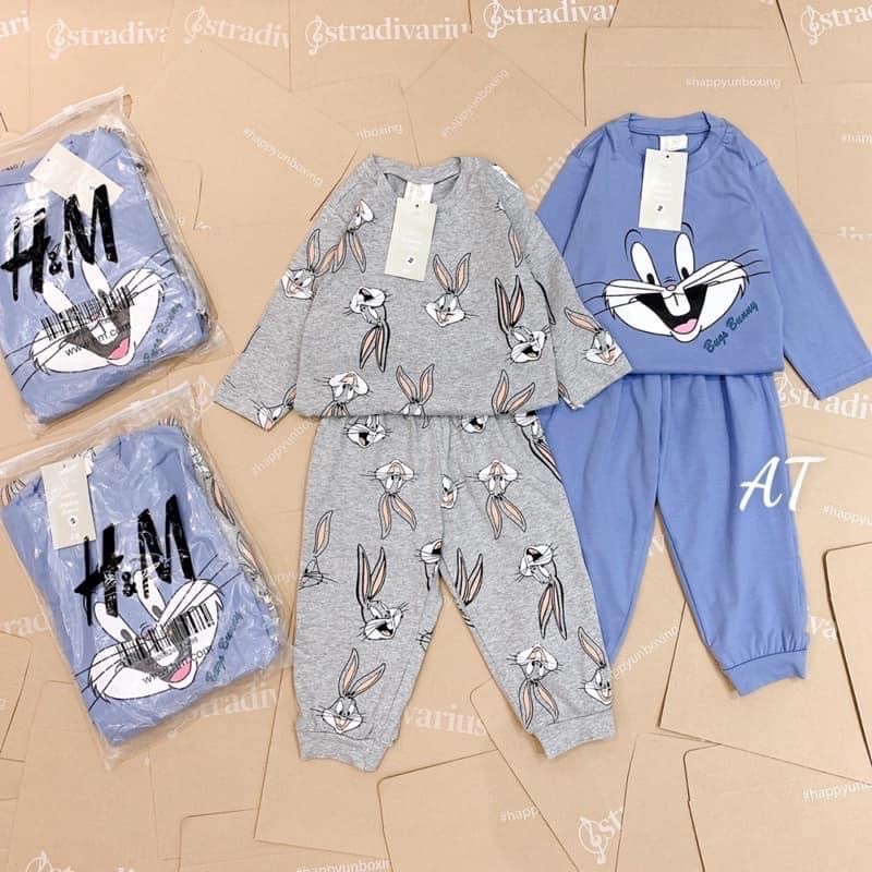 Bộ dài tay thu đông trẻ em Hm xuất dư họa tiết thỏ màu xanh xám chất cotton mềm mịn, thoáng mát, thấm hút mồ hôi tốt