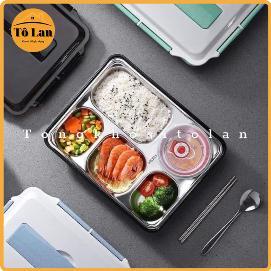 Hộp Cơm Văn Phòng Khay Inox 5 Ngăn Có Bát Để Canh Bọc Nhựa Bên Ngoài - Có Giá Điện Thoại Tặng Thìa Đũa Inox Cao Cấp
