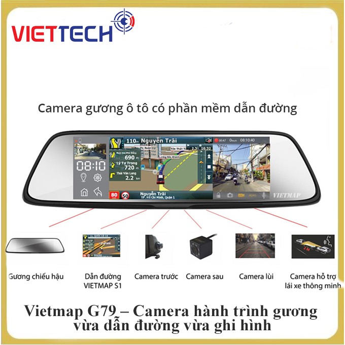 CAMERA HÀNH TRÌNH TRƯỚC SAU VIETMAP G79 DẠNG GƯƠNG CHIẾU HẬU TÍCH HỢP DẪN ĐƯỜNG KÈM THẺ NHỚ - Chính hãng