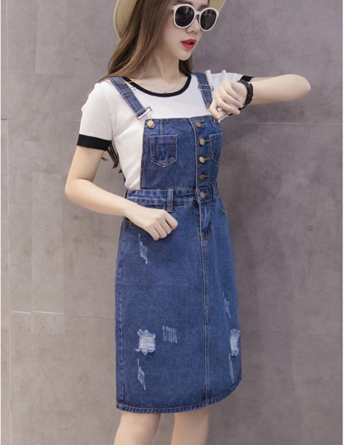 Yếm jean 2 dây phối túi wash cào siêu xinh phối túi