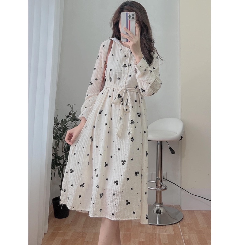 ❣️Đầm babydoll hoa sao dài tay phối cổ trắng dễ thương