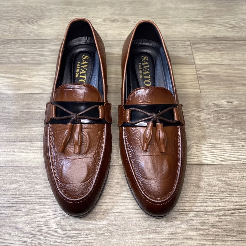 Giày lười nam da bò ĐÁNH MÀU CAO CẤP - ĐẾ KHÂU CỰC BỀN ✅ Giày da nam thời trang 🎁 Màu đen-nâu sang trọng