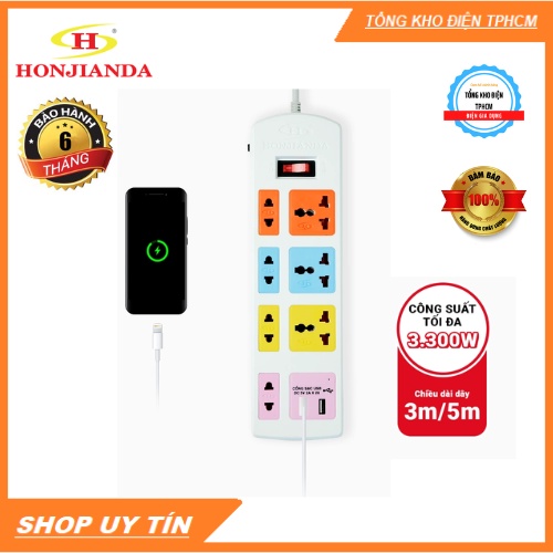 Ổ cắm điện đa năng Honjianda Có USB Dây 3m- an toàn chống quá tải