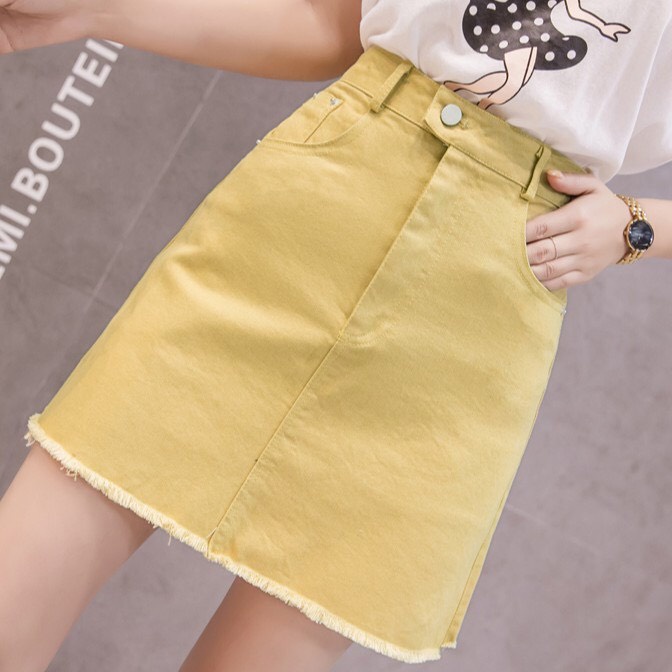 Chân Váy Jean Cạp Cao Tua Gấu_Kèm Quần Trong_T11