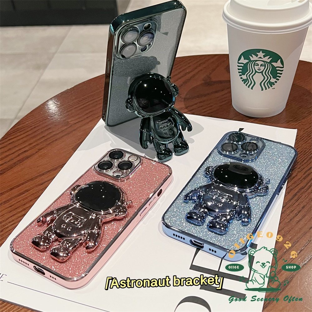 Ốp Điện Thoại TPU Mạ Màu Tím Hình Phi Hành Gia Có Giá Đỡ Cho Iphone 14 / 13 / 12 / 11 Pro Max Plus