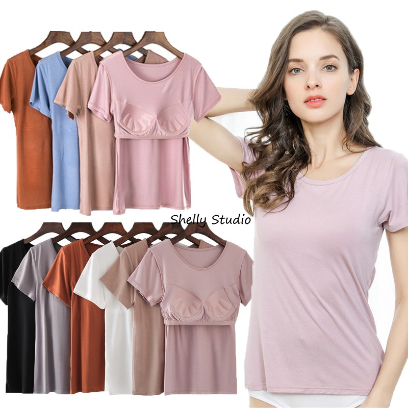 Áo thun cotton tay ngắn có miếng đệm ngực tiện dụng cho nữ