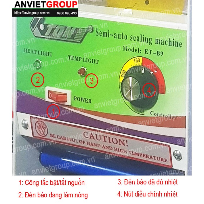 Máy dán ép dập đậy đóng nắp miệng ly cốc hộp bán tự động cuộn màng Eton B9  An Việt