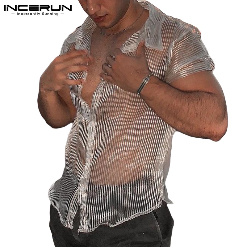 Áo sơ mi INCERUN tay ngắn họa tiết kẻ sọc thời trang cho nam