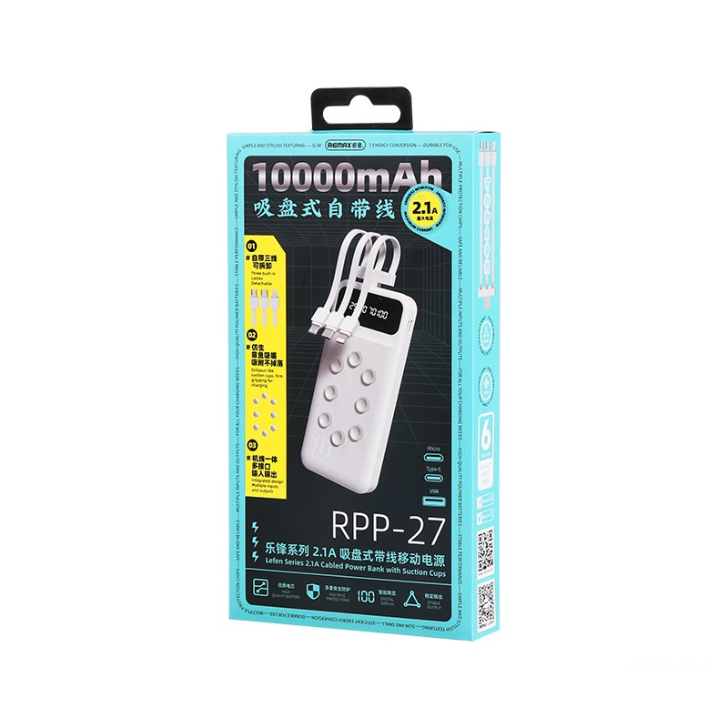 Pin dự phòng Remax 10000mAh RPP-27 Lefen Series  kèm cáp 3 đầu - tích hợp cao su hít giữ (trắng) Nhất Tín Computer