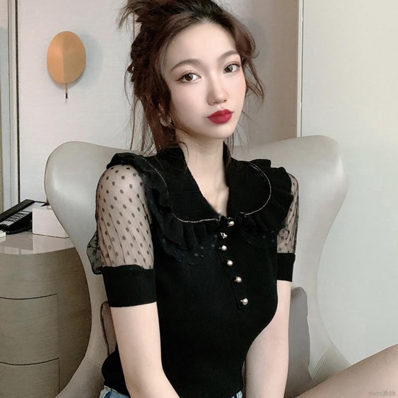 Áo dệt kim tay ngắn phối lưới phong cách retro thời trang cho nữ