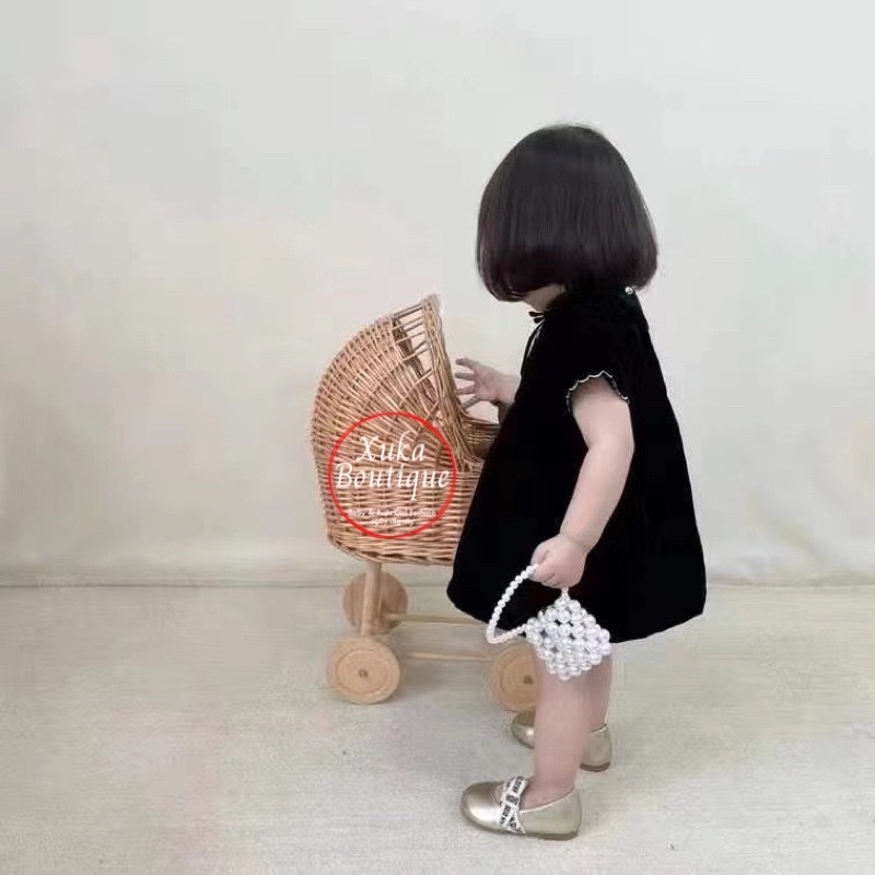 Váy Bé Gái Cộc Tay SOFT COTTON Cao Cấp Nhung Đen Cho bé 1 - 8 tuổi (ảnh thật)