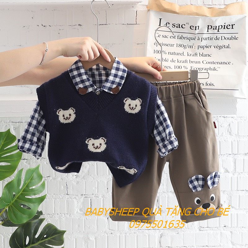 Set gile len công tử 3 chi tiết  kèm quần và áo sơ mi cho bé trai 7-22kg HÀNG CAO CẤP LOẠI 1